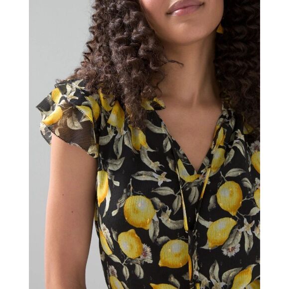 EUC White House Black Market Black Mesh Ruffle Lemon Top S - Picture 2 of 9